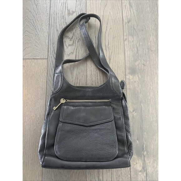 Fossil Key Bag Genuine Black Pebbled Leather Shoulder Bag #75082 Vintage - Picture 1 of 10